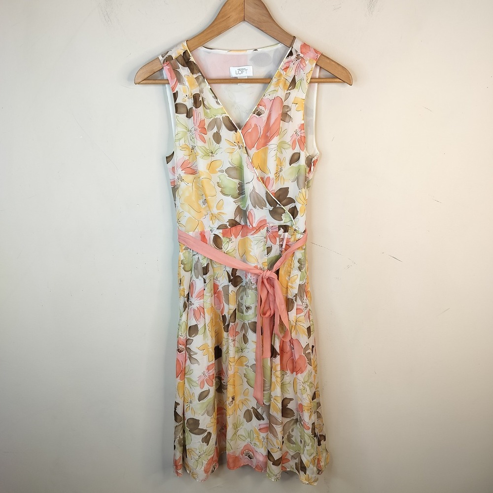 LOFT Silk Floral Chiffon Dress 0 Womens Sleeveless Belted Flowy‎ Feminine Soft